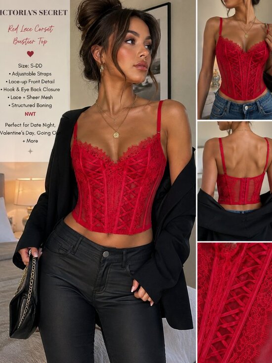 Victoria's Secret Tops - Victoria’s Secret Red Lace Corset Bustier Top S-DD NWT Y2K Coquette Valentine